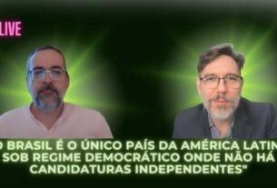 Fotos do ex-ministro da Educação Abraham Weintraub e de seu interlocutor na live, o advogado empresarial Dr. Rodrigo Mezzomo. Abaixo das fotos, a frase: "O Brasil é o único país da América Latina sob regime democrático onde não há candidaturas independentes".