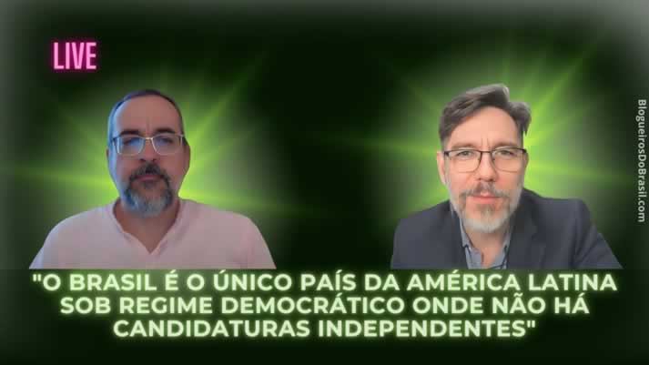 Fotos do ex-ministro da Educação Abraham Weintraub e de seu interlocutor na live, o advogado empresarial Dr. Rodrigo Mezzomo. Abaixo das fotos, a frase: "O Brasil é o único país da América Latina sob regime democrático onde não há candidaturas independentes".