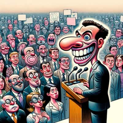 Charge com político em um palanque hipnotizando a plateia