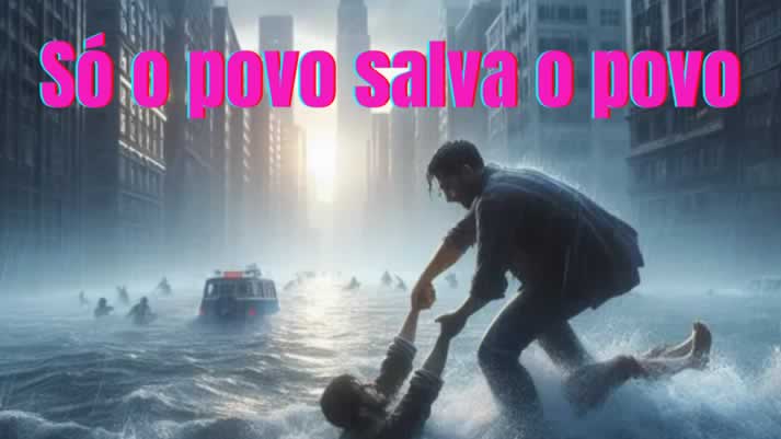 Um homem salvando outro que está sendo levado pela correnteza em uma cidade inundada