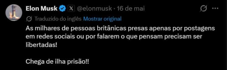 Elon Musk chama o Reino Unido de 'Ilha Prisão'
